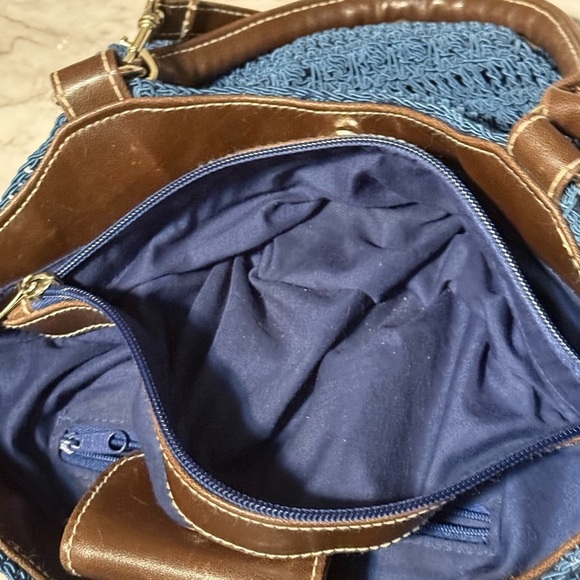 Blue and Brown Textured Shoulder Bag with Leather Accents - Picture 11 of 11